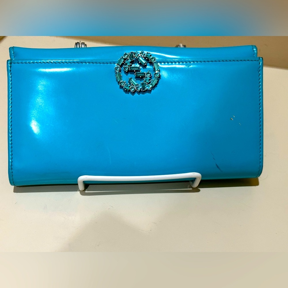 Gucci Interlocking GG Aqua Blue Long Crystal Wallet